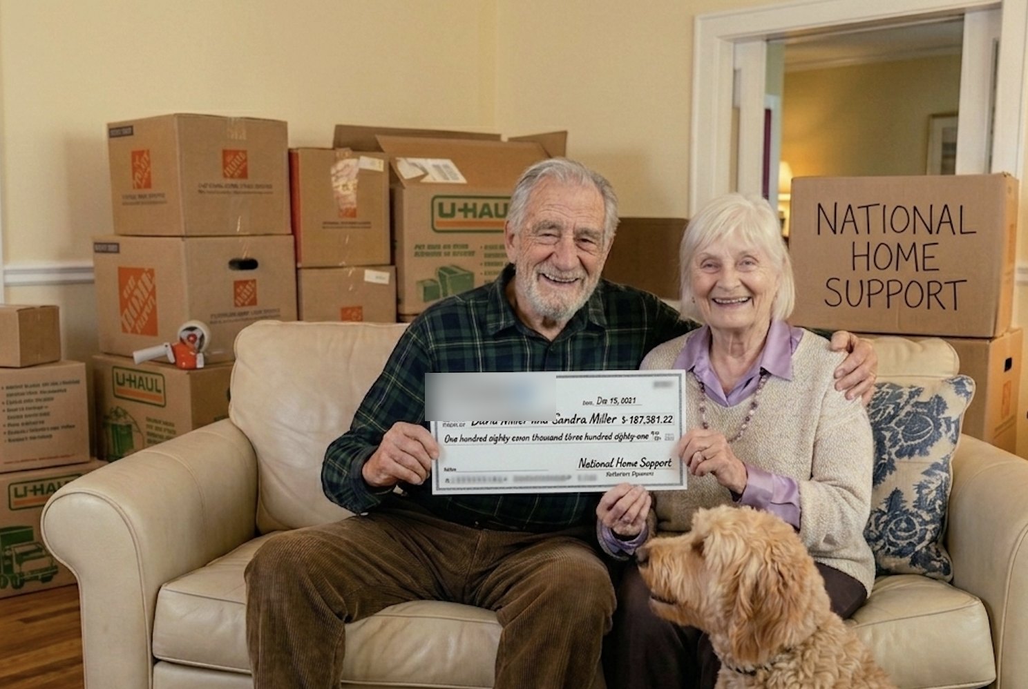 David and Sandra holding their check from Trusted Home Group on moving day
