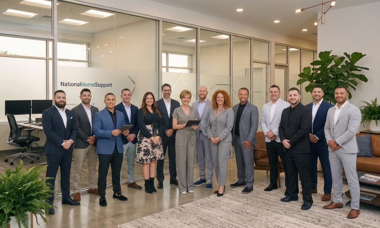 The Trusted Home Group team inside our office, with the company sign on the wall