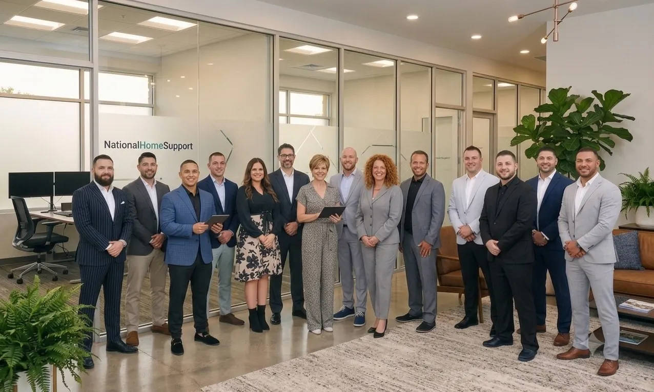 The Trusted Home Group team inside our office, with the company sign on the wall